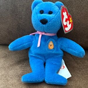 McNugget the Bear Beanie baby Blue Stuffed Bear with Pink Ribbon